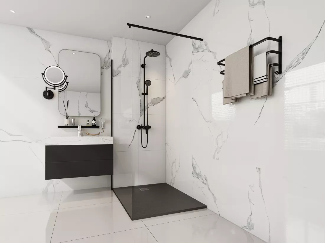 Receveur extra-plat à poser ou à encastrer découpable en résine SMC avec siphon - Noir - 120 x 90 cm - MIRNOSA