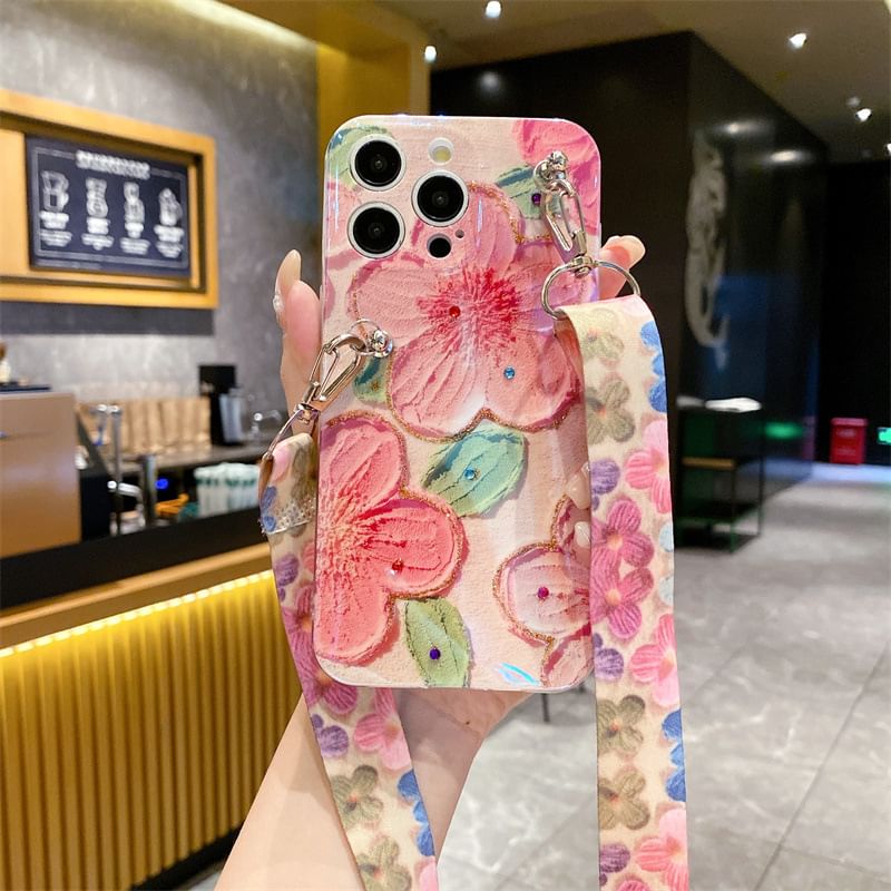 Tondephiry - Bloemen telefoonhoesje met koord - iPhone 16 Pro Max / 16 Pro / 16 Plus / 16 / 15 Pro Max / 15 Pro / 15 Plus / 15 / 14 Pro Max / 14 Pro / 14 Plus / 14 / 13 Pro Max / 13 Pro / 13