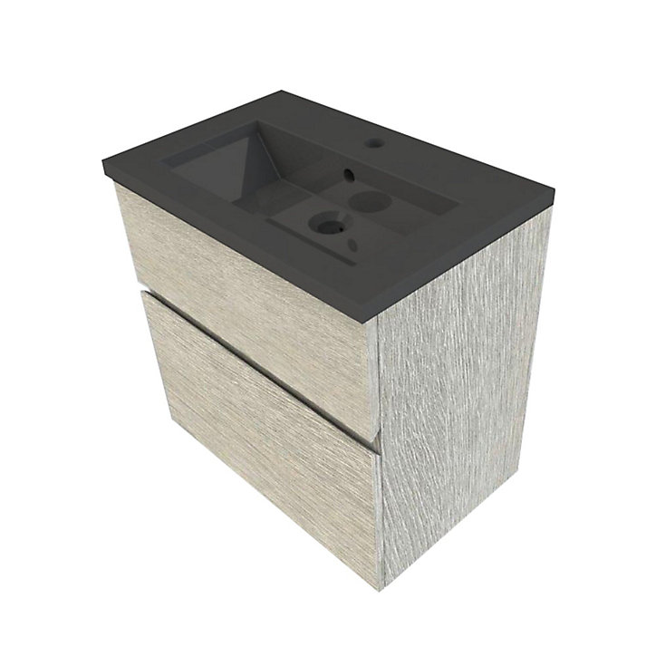 Meuble sous vasque faible profondeur à suspendre Calao aspect chêne clair 60 cm + plan vasque en résine noir