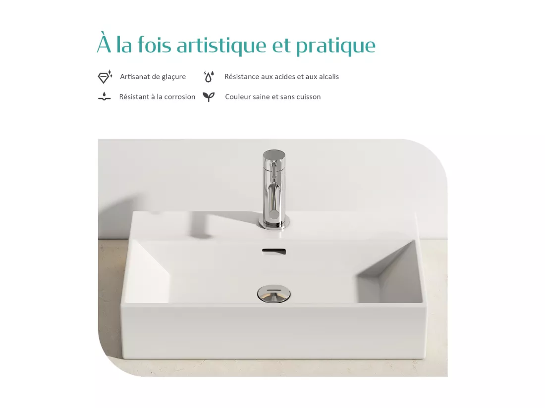 EMKE Vasque à Poser en céramique 41,5×36×13cm, Lavabo rectangulaire avec robinet trou prépercé, Lavabo à poser blanc brillant
