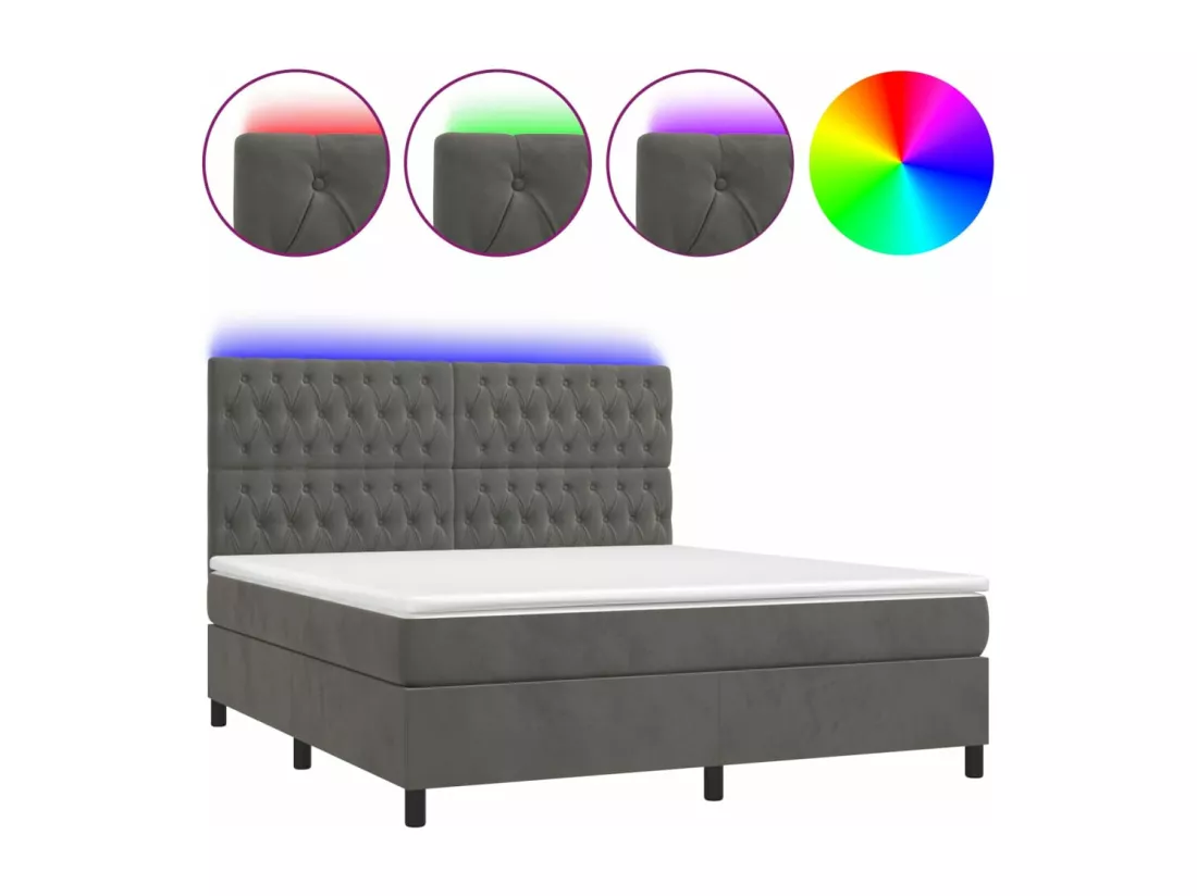 Sommier tapissier matelas et LED Gris foncé 160x200 cm Velours
