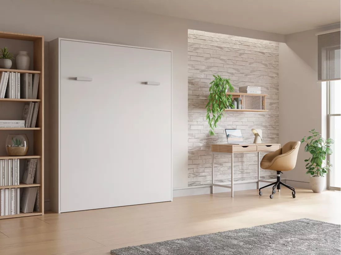 Lit escamotable 160 x 200 cm - Ouverture verticale manuelle - Blanc + Matelas - MALINA II
