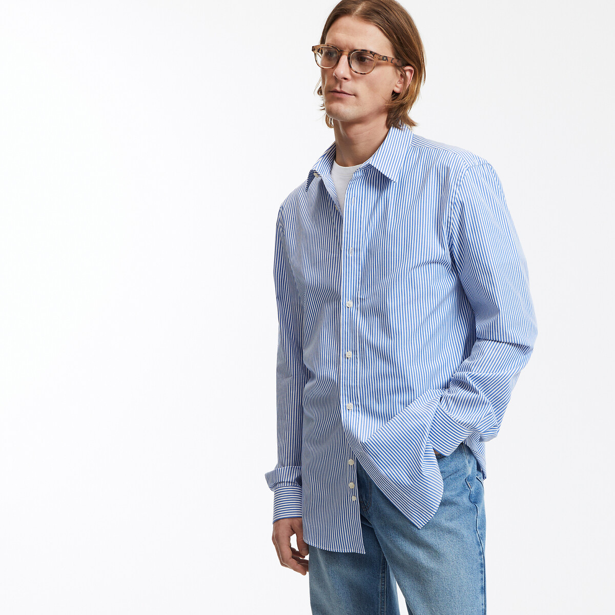 COLEÇÕES LA REDOUTE<br>Camisa de algodão ajustada com listras e gola clássica, Signature