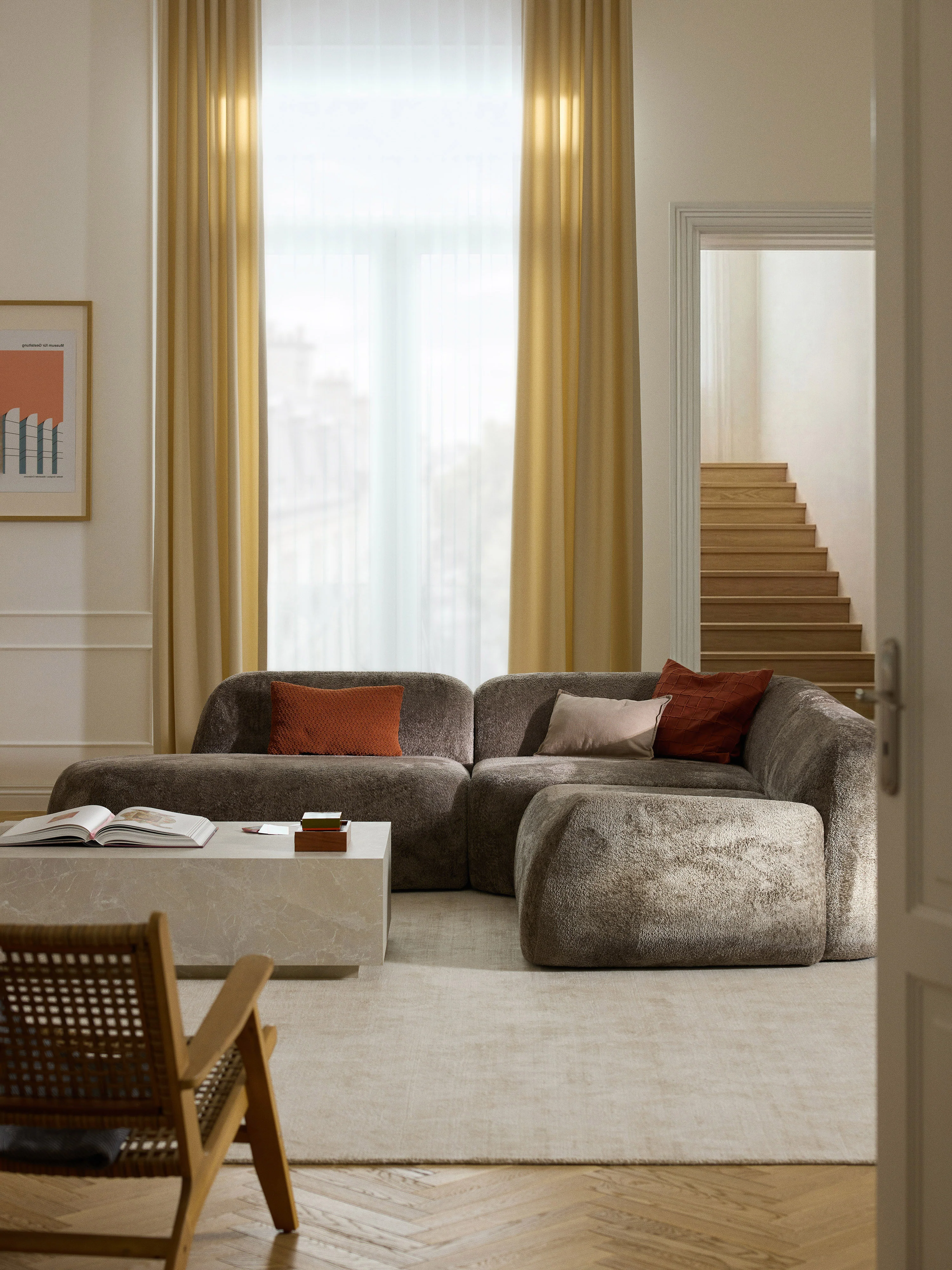 Modulaire teddy-bouclé hoekbank Wolke (4-zits) met chaise-longue