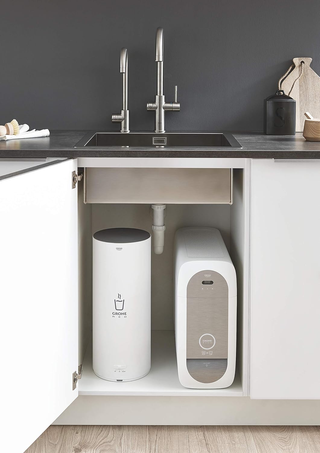 GROHE Blue Home Mono- Starter Kit (Mono Armatur mit Filterfunktion, 3 gefilterte und gekühlte Wasserarten, Filterkopf mit flexibler Wasserhärteeinstellung), supersteel, 31498DC1