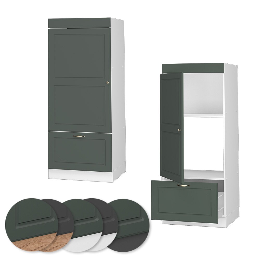 Vicco Mikrowellenumbauschrank Küchenschrank Küchenmöbel Fame-Line Landhaus Weiß Grün 60 cm Gold Küche Einbauküche Blende Hochschrank Schublade Mikrowelle Backofen Küchenzeile