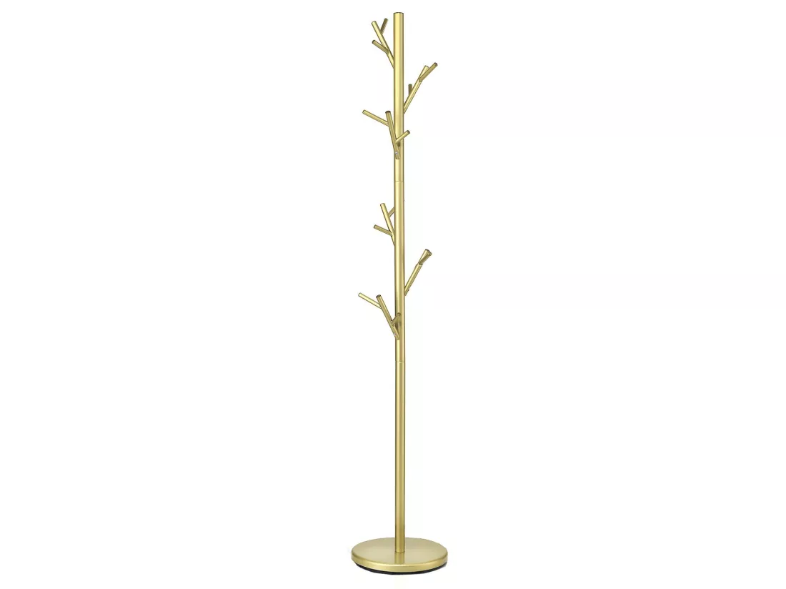 Porte-manteaux ZENO portant à vêtements sur pied en forme d'arbre avec 6 crochets sur différentes hauteurs, en métal laqué doré