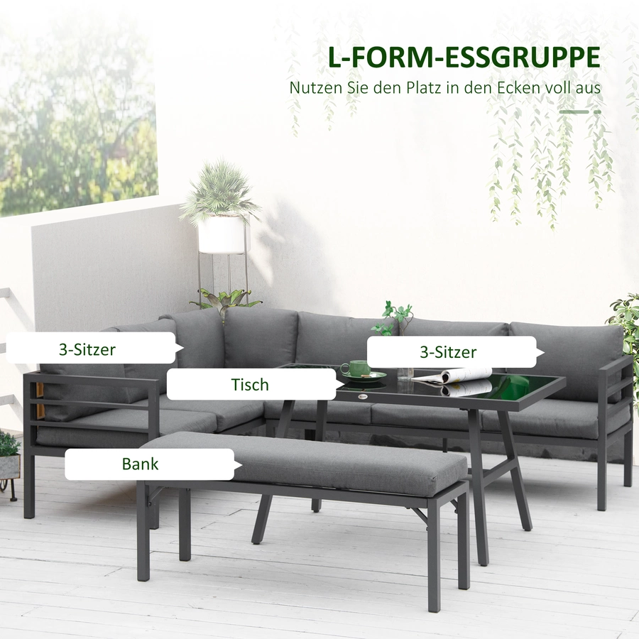 Outsunny Gartenmöbel-Set mit Kissen und Bank grau