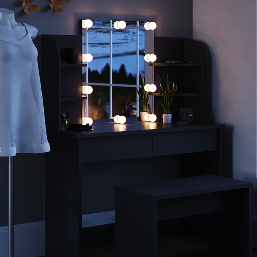 Vicco Schminktisch Charlotte Frisiertisch Kommode Frisierkommode Spiegel Schwarz inklusive Bank und LED-Lichterkette