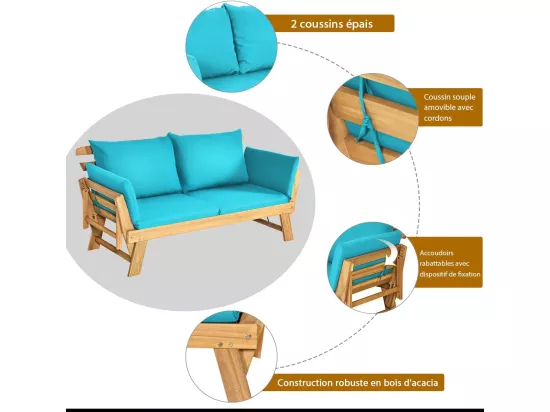Canapé Lit de Jardin Convertible 2 Places en Bois d’Acacia avec Coussin, Canapé de Jardin 2 en 1 avec Accoudoir Réglable Charge 320KG, pour Patio Piscine (Bleu)