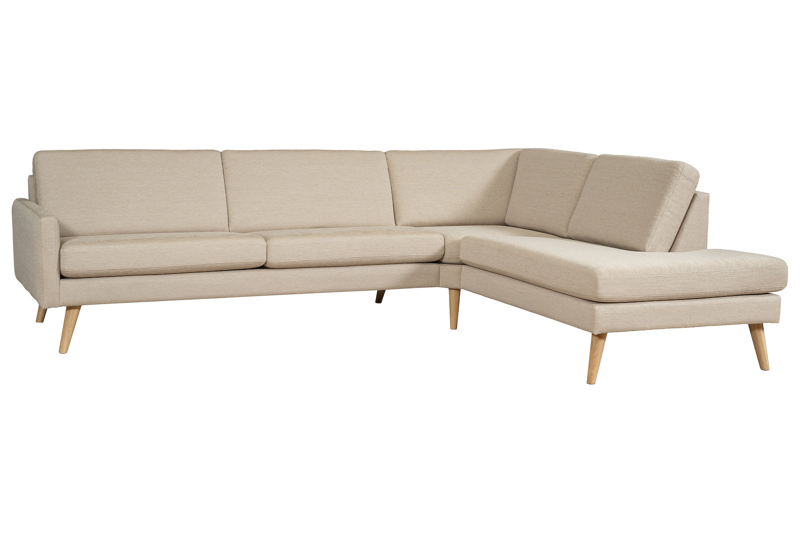 Villa hjørnesofa opsett RH 3-seter med åpen ende høyre. Tekstil Nicole 1/18 Beige. Skrå ben eik natur. Arm 23. Lite hjørne. Fast/Fast. Duo