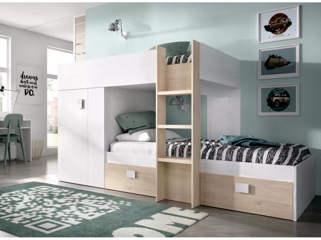 Lit enfant Cevedale, Chambre complète avec armoire et tiroirs, Composition de lits superposés avec deux lits simples, 271x111h150 cm, Blanc et Chêne