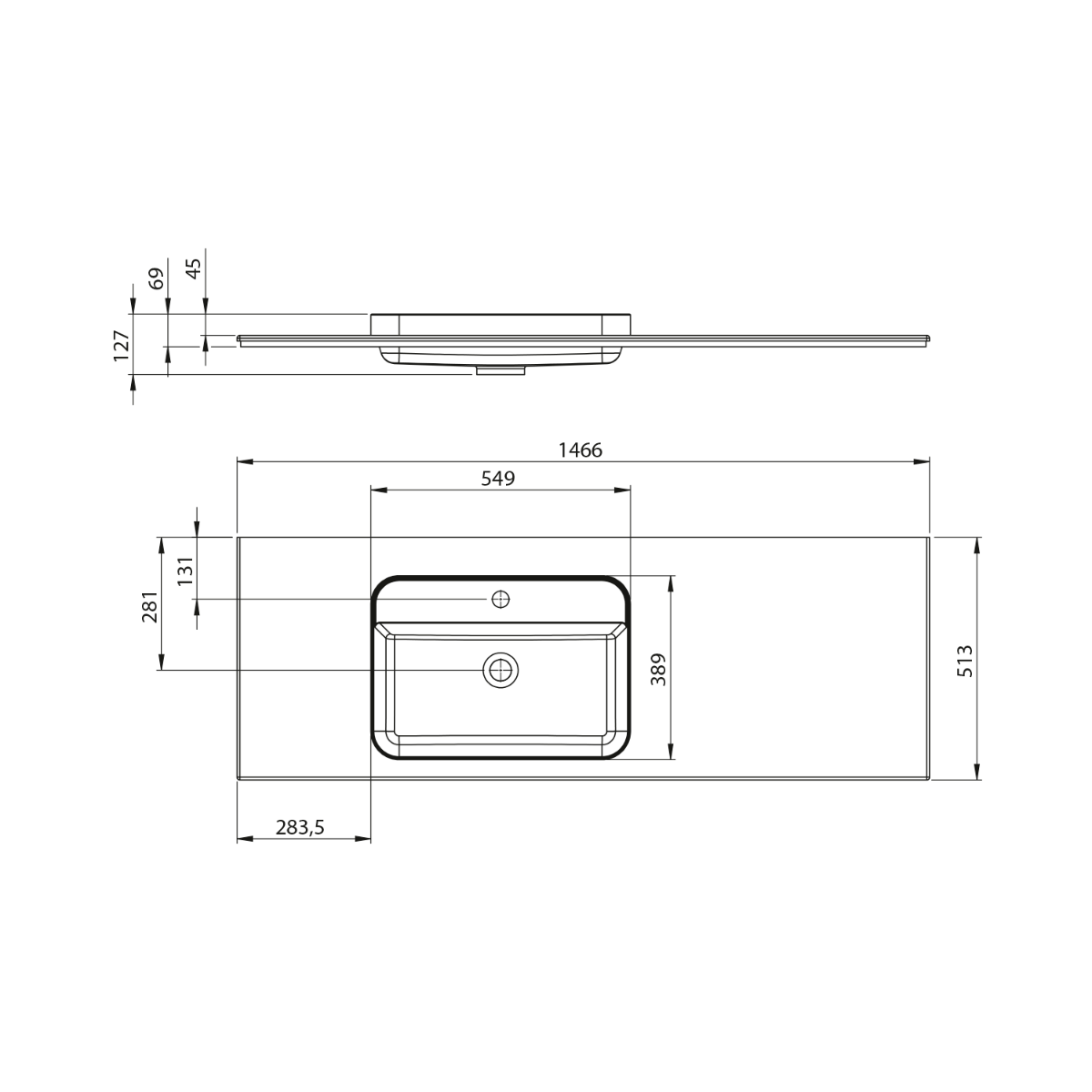 Sapho Brahea wastafel 145x50cm solid surface wit mat met brede rand en kraangat links