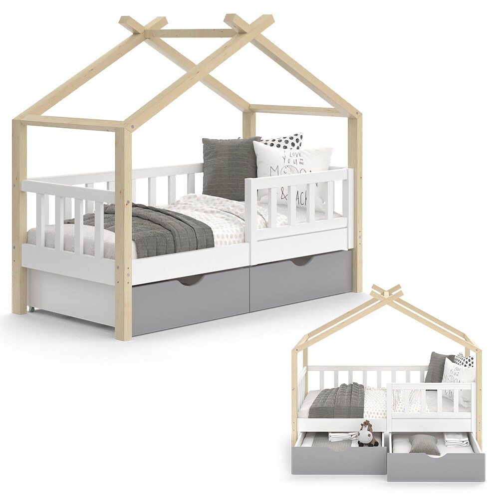 VitaliSpa Kinderbett Hausbett Einzelbett Design Weiß Grau Natur modern 70x140 cm Kinderzimmer Bett Massivholz Lattenrost Schublade Rausfallschutz Schubladenbett