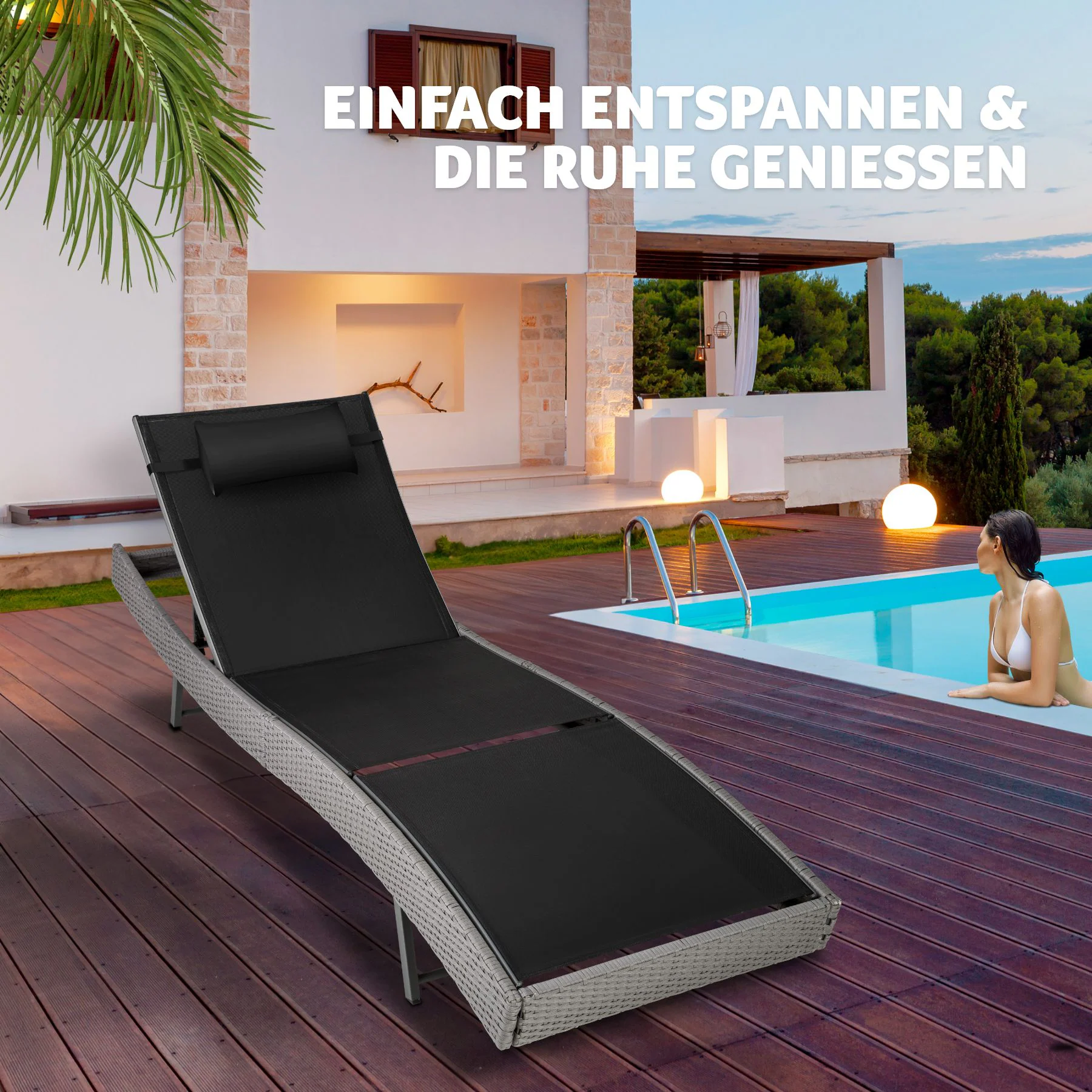 tectake® Rattan Sonnenliege, widerstandsfähig und UV-beständig, 5-fach verstellbare Rückenlehne, 211 x 69 x 28-94 cm