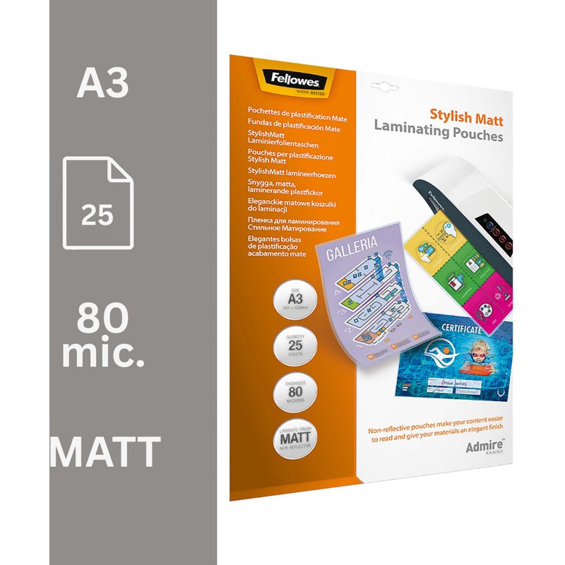 Pochettes de plastification Fellowes A3 2 x 80 µ mates - Boite de 25