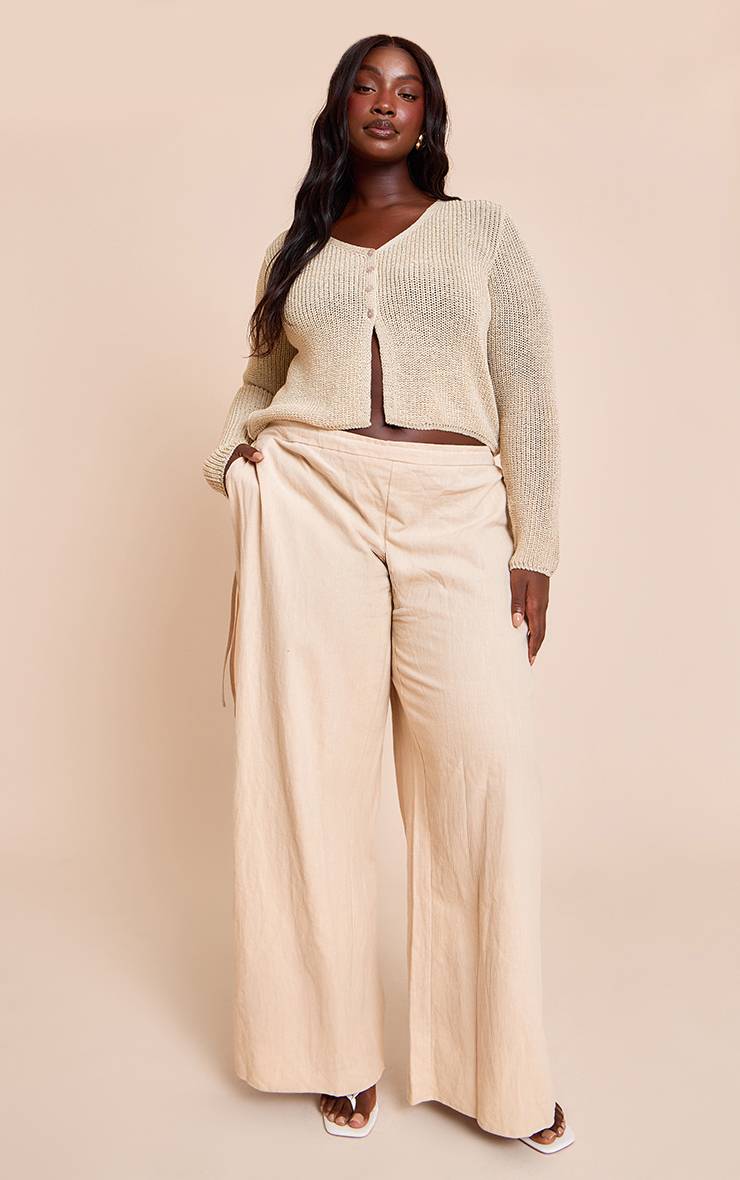 Naturel Pantalon Large Grande Taille En Lin Premium Avec Détails Liens Sur Les Côtés