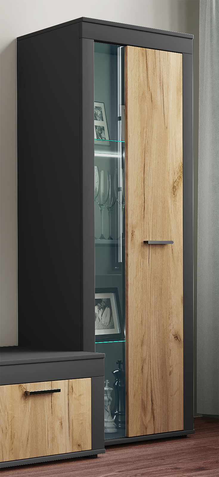 Vitrine USILO - anthrazit-Honig Eiche - 159 cm hoch