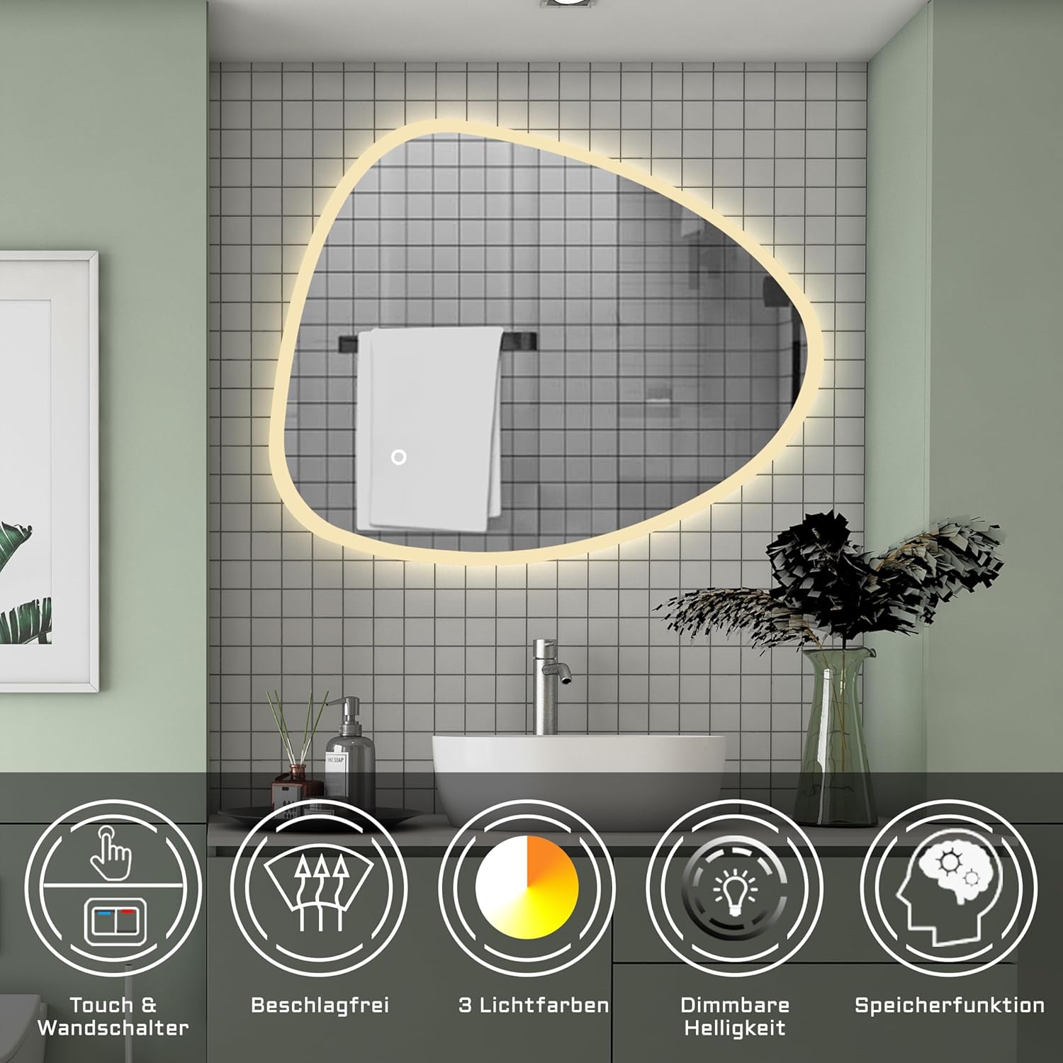 Badspiegel 80×55cm Spezial Rund 3 Lichfarbe dimmbar Memory Wand/Touchschalter Anti-Beschlag Badezimmerspiegel mit LED Beleuchtung Spiegel Warm/Neutral/Kaltweiß Energiesparend Lichtspiegel IP44