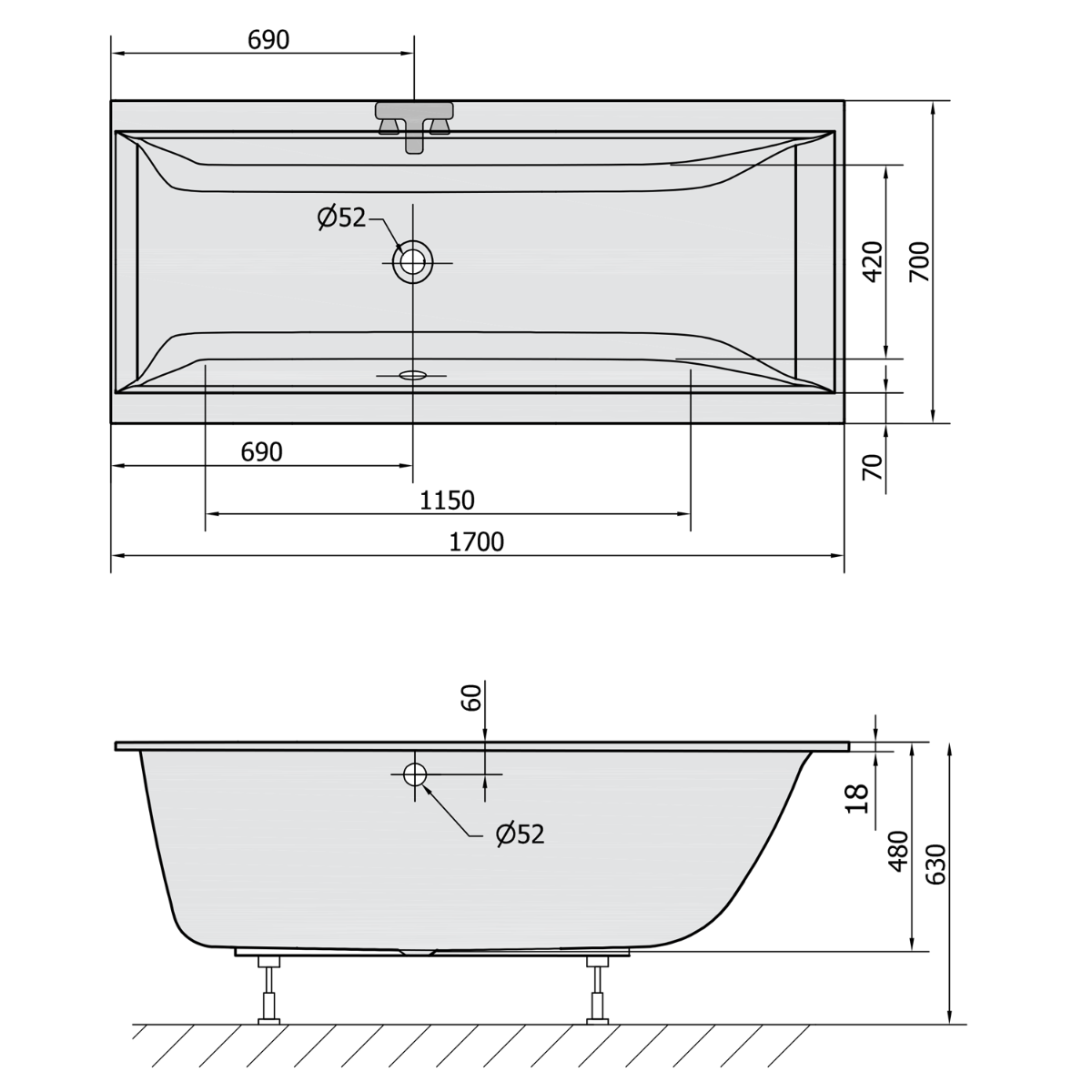 Polysan Cleo Slim ligbad 170x70x48cm wit