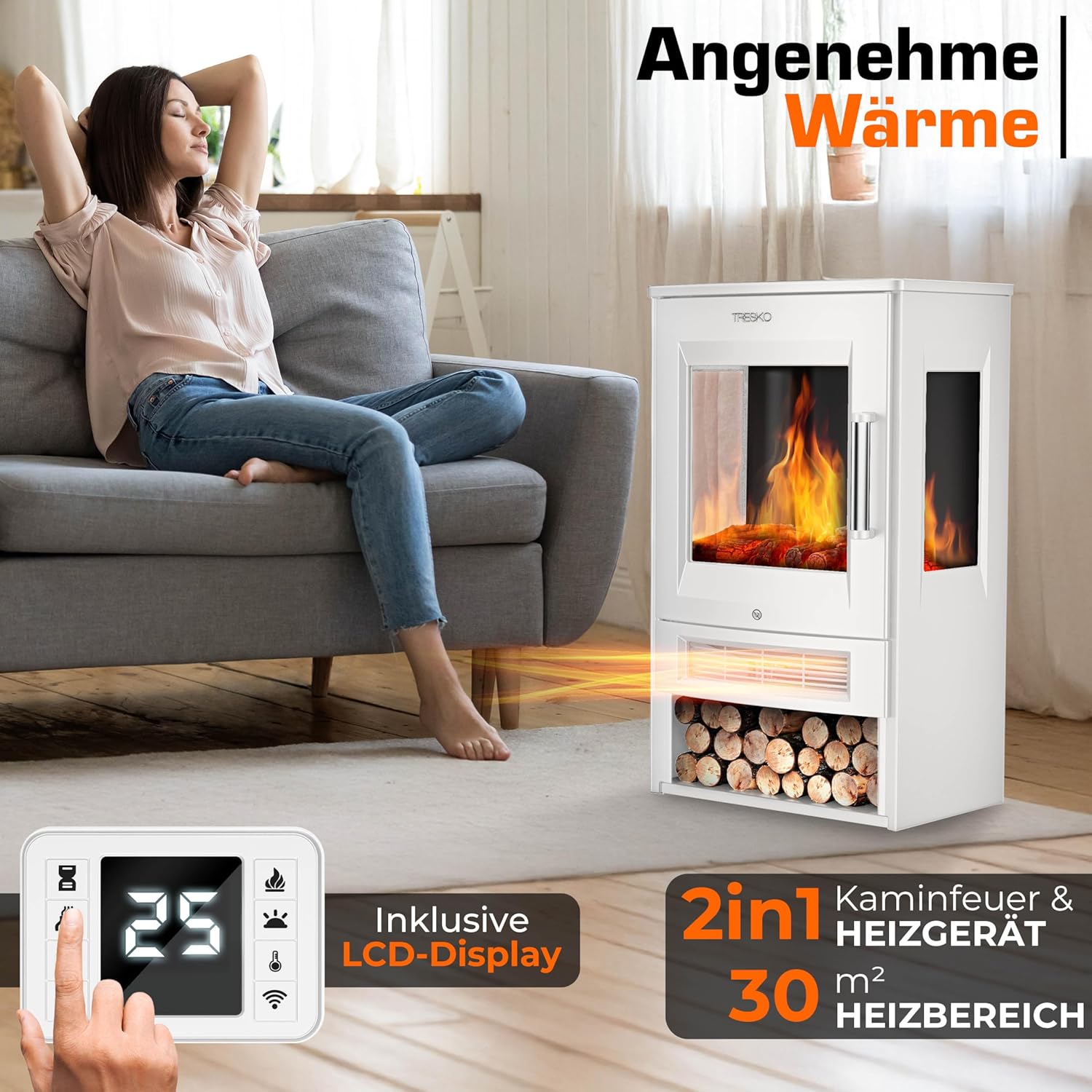 TRESKO® Elektrokamin mit Heizung inkl. Fernbedienung & WiFi App | Kamin elektrisch 1800W LED-Flammeneffekt Farbmodi | Kaminfeuer Thermostat, Timer | Elektro Kaminofen Standkamin 2 Heizstufen (Weiß)