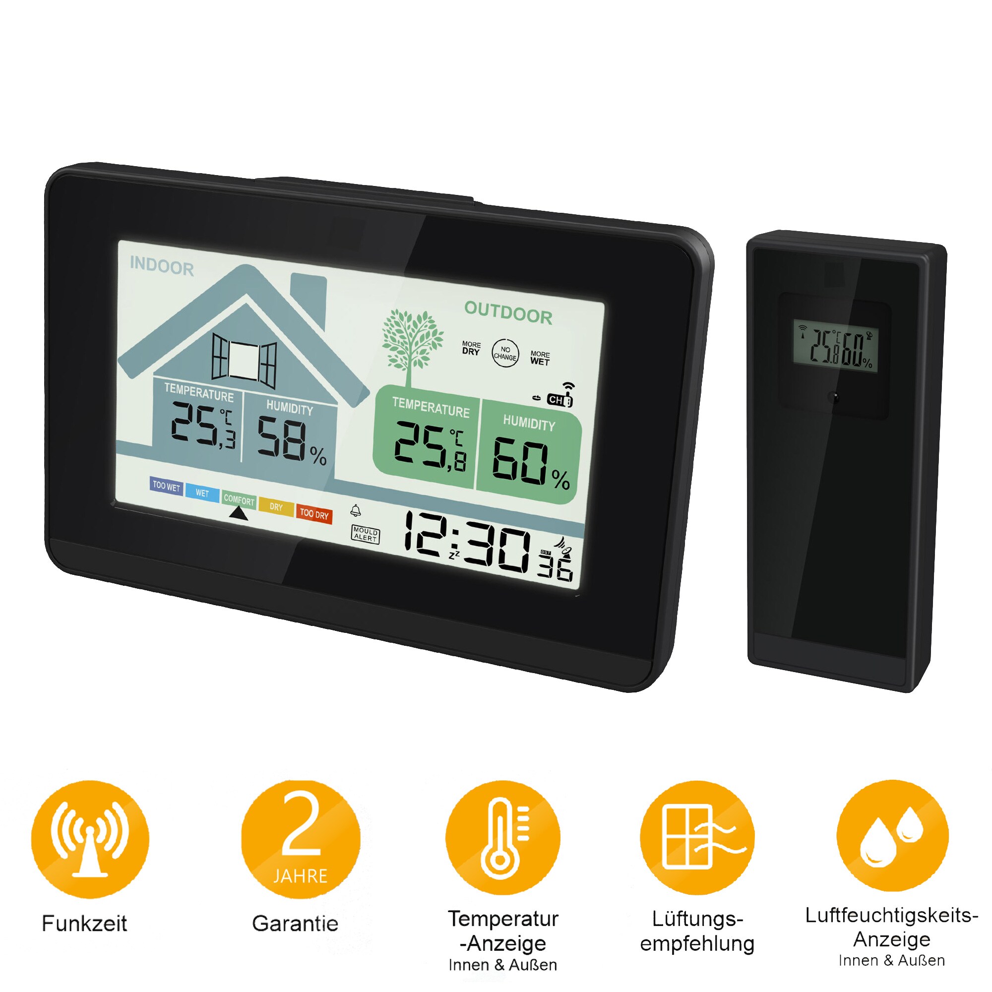 MiravalFunk-Wetterstation mit Lüftungsempfehlung 1x Sensor LCD Farb Display Funk-Wetterstation mit Datumsanzeige