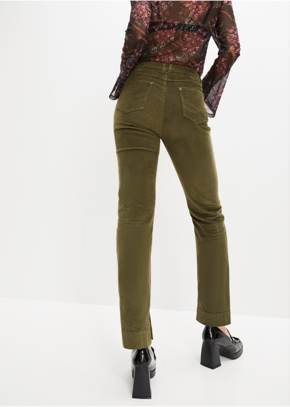 Pantalon velours côtelé extensible, Straight avec fente