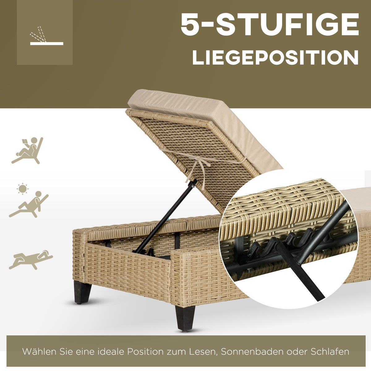 Outsunny ligstoel, 72B x 198D x 30H cm, staal, PE rotan, polyester, veelkleurig