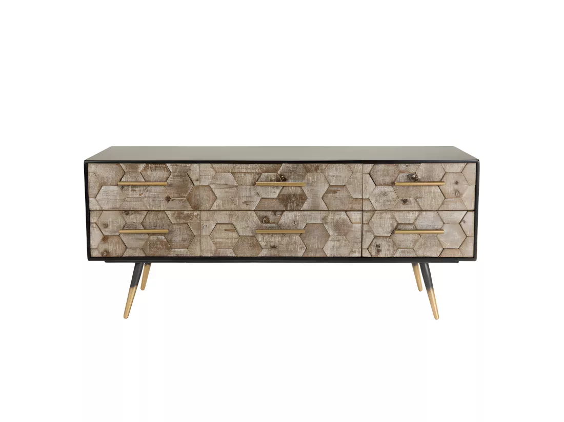 DALIE - Meuble TV noir 6 tiroirs scandi bois Sapin marqueté pieds métal doré