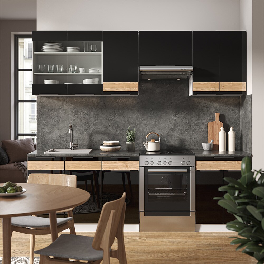 Vicco Küchenzeile Küchenblock Einbauküche Fame-Line Weiß Schwarz Eiche 240 cm modern Hochglanz Küchenschränke Küchenmöbel