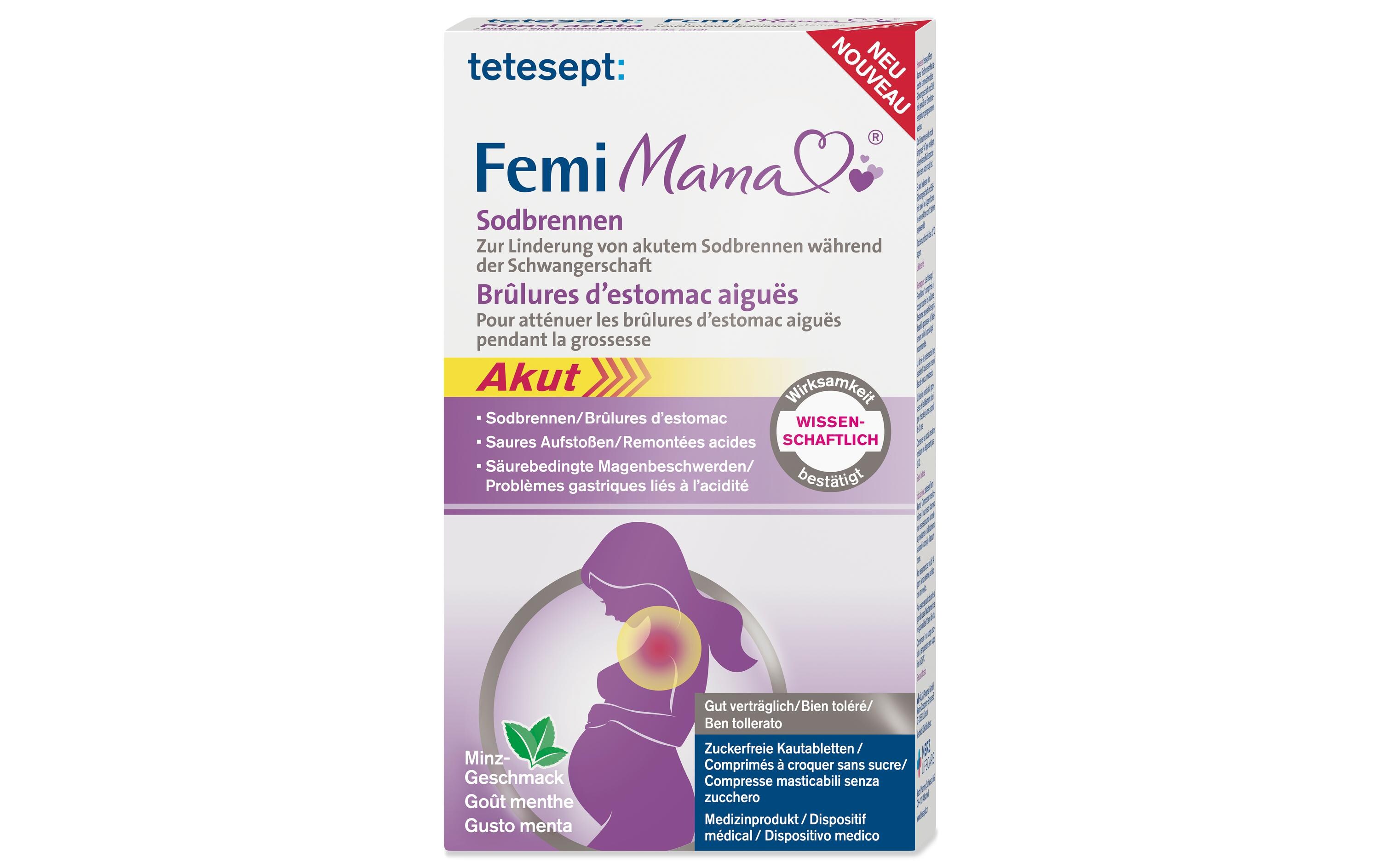 Femi Mama Sodbrennen 10 KautablettenZuckerfreies Medizinprodukt gegen Magenbrennen für Schwangere und Stillende