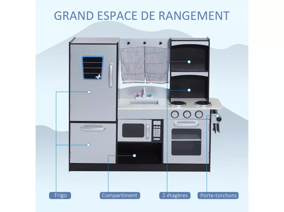 Cuisine pour enfants en bois jeu jouet d'imitation grand réalisme multi-équipement 105L x 32l x 95H cm argent noir