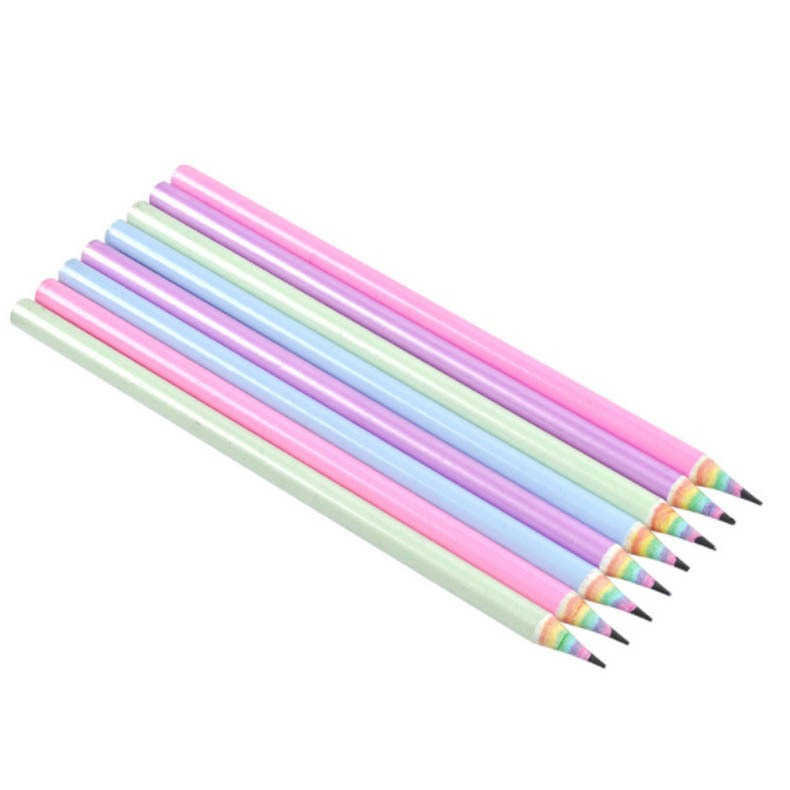 (12er Set) 17cm Holz Kinder Bleistifte Skizzen HB Zeichenstifte im Regenbogen Design - Pink / Grün / Lila