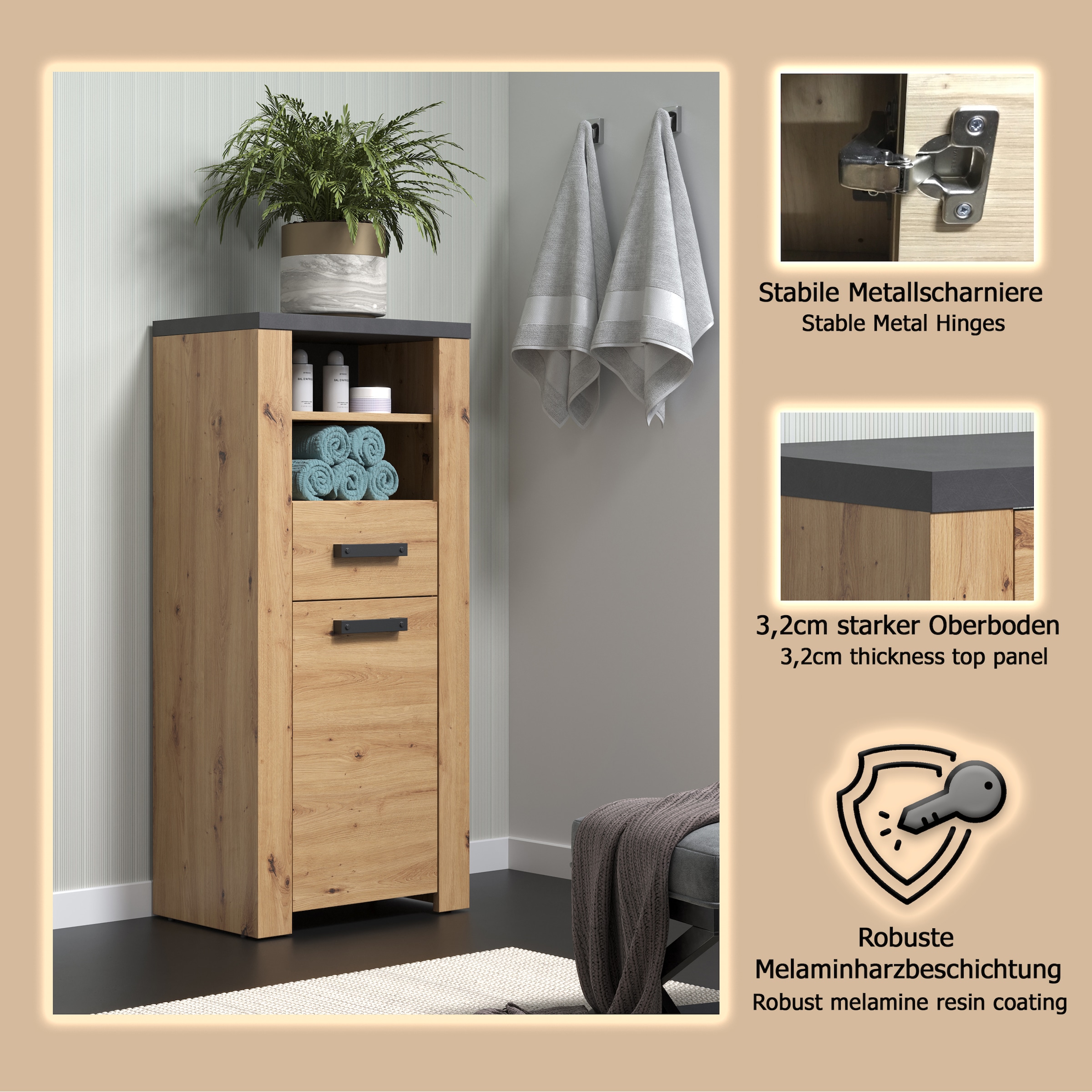 welltime Midischrank »Ambres« 1 Stk. tlg. Badschrank in matter Echtholzoptik - Masse (B/T/H) 53/35/118 cm