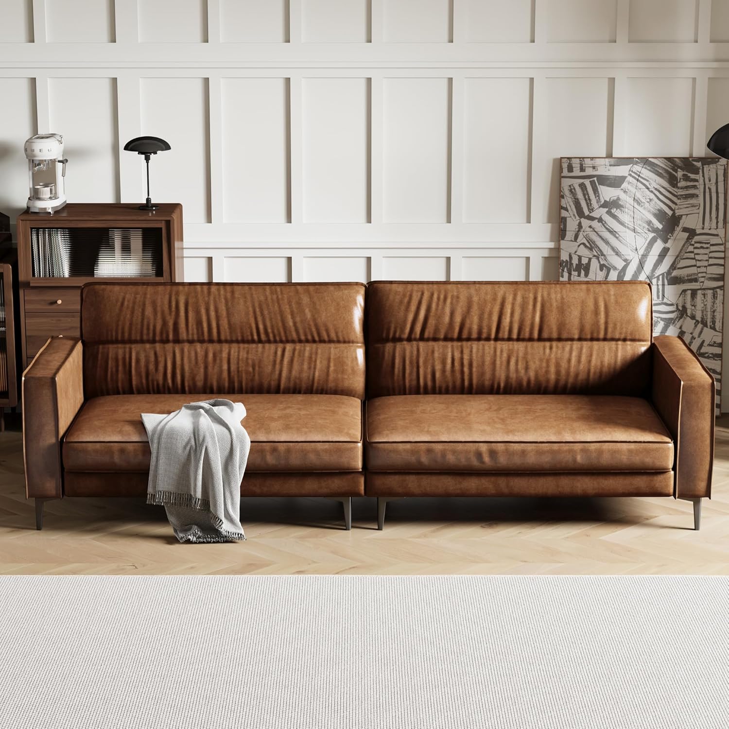 3-Sitzer Sofa in Vintage Lederoptik – Kompaktes Kunstleder Sofa mit Knopfheftung, Metallfüßen & Geraden Armlehnen, Braun – Retro Couch für Wohnzimmer, Büro oder kleine Wohnung (glatte Variante)