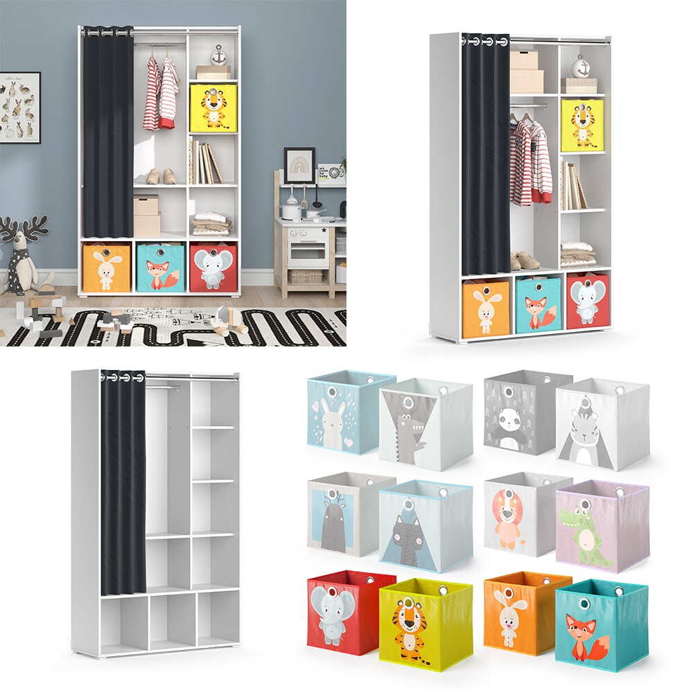 Vicco Kinderkleiderschrank Kinderzimmerschrank Kindergarderobe Luigi Weiß Faltbox 106 x 178 cm modern Schrankregal Jugendzimmerschrank Organizer Vorhang Kleiderstange Fächer Aufbewahrung Spielzeugablage