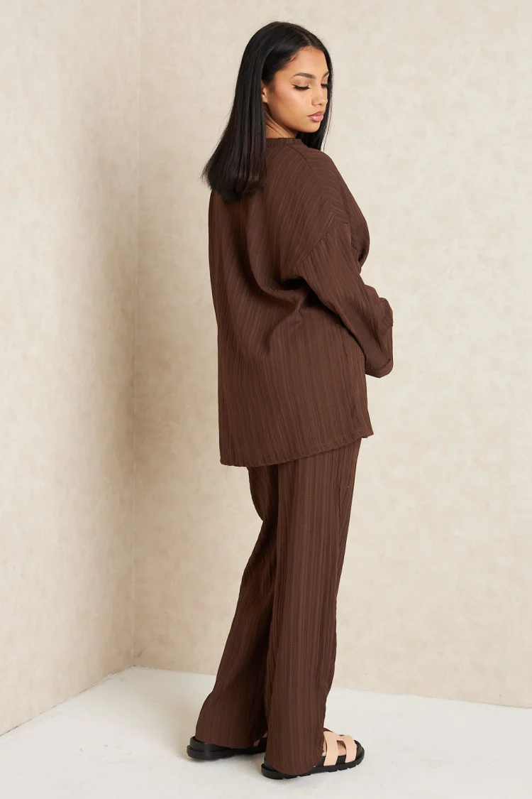 Ensemble 2 pièces pull fin + pantalon à rayures marron