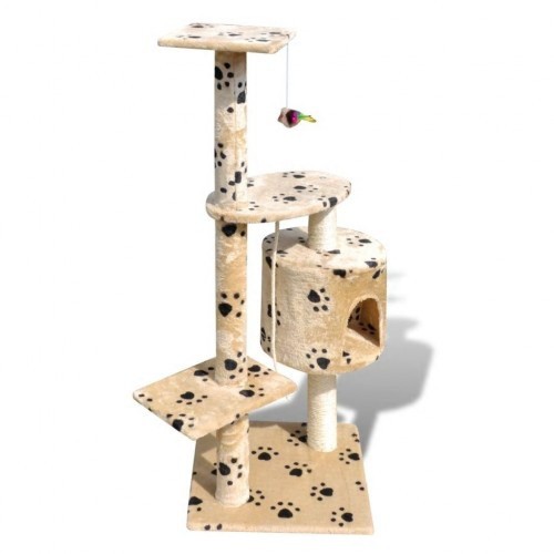 Arranhador bege para gatos com pegadas de patas.