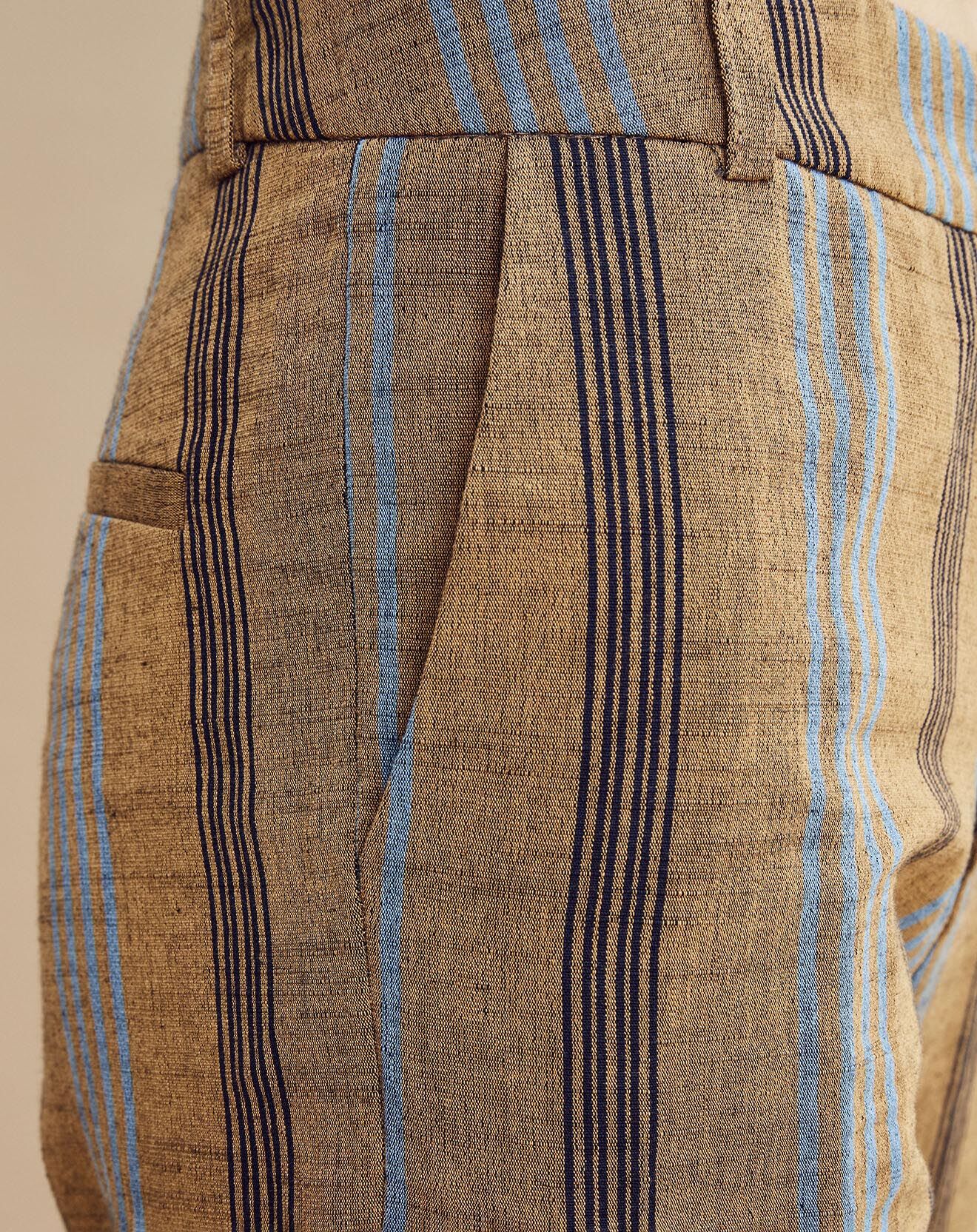 Chloé Stora Pantalon en Coton & Lin rayé Pavel marron