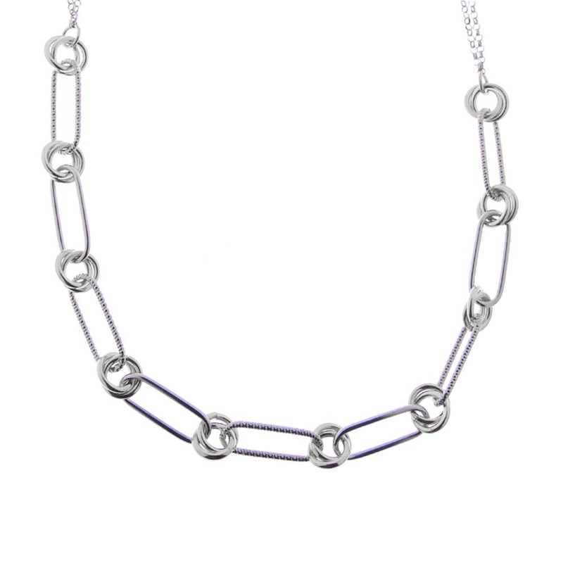 Collier Argent Grosse Maille Et Double Cercle Lisse Et Diamanté