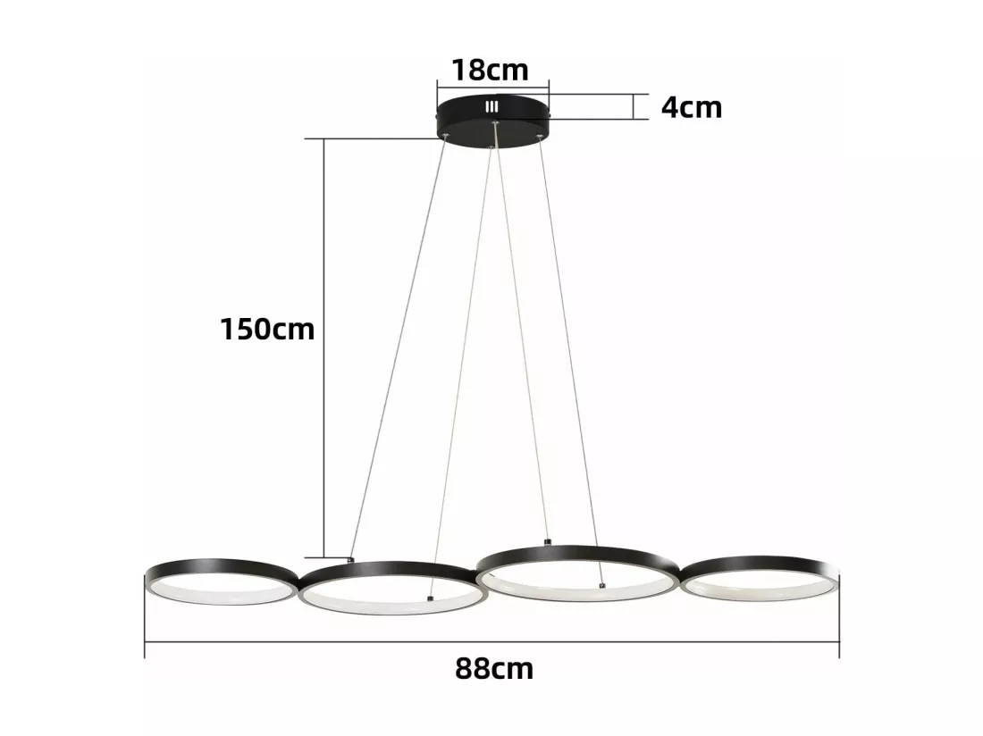 NETTLIFE Suspension LED en aluminium noir Diam.150 cm 54W lampe moderne 4 anneaux design lampe de table à manger dimmable avec suspension pour salon