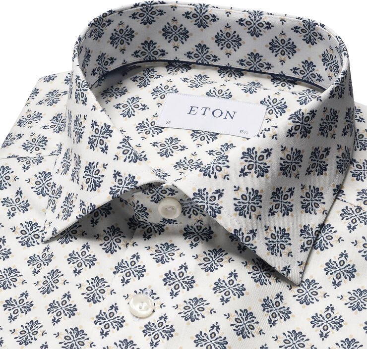 ETON Slim Fit White Medallion Print Cotton & Tencel Lyocell Shirt Hvid