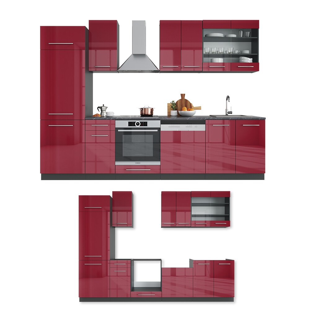Vicco Küche Fame-Line 300 cm Küchenzeile Küchenblock Einbau Bordeaux Hochglanz