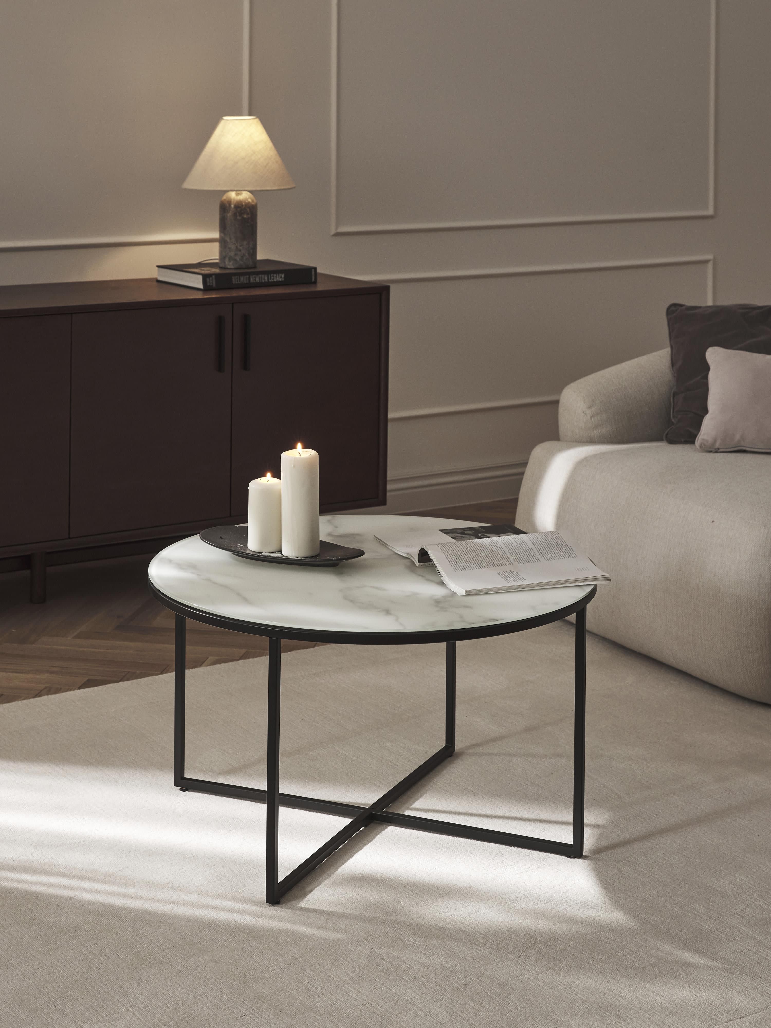 Ronde salontafel Antigua met glazen tafelblad in marmerlook