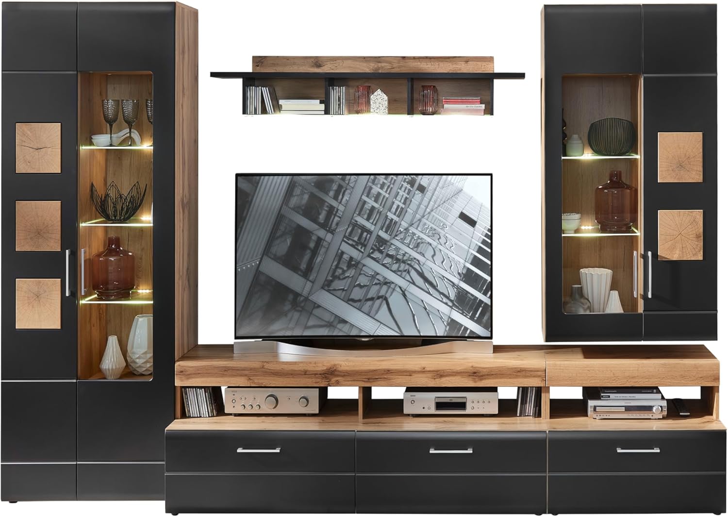 Stella Trading SONATE Wohnwand Komplett-Set in Eiche Altholz Optik, Schwarz - Moderne Schrankwand mit LED-Beleuchtung für Ihr Wohnzimmer - 330 x 208 x 52 cm (B/H/T)