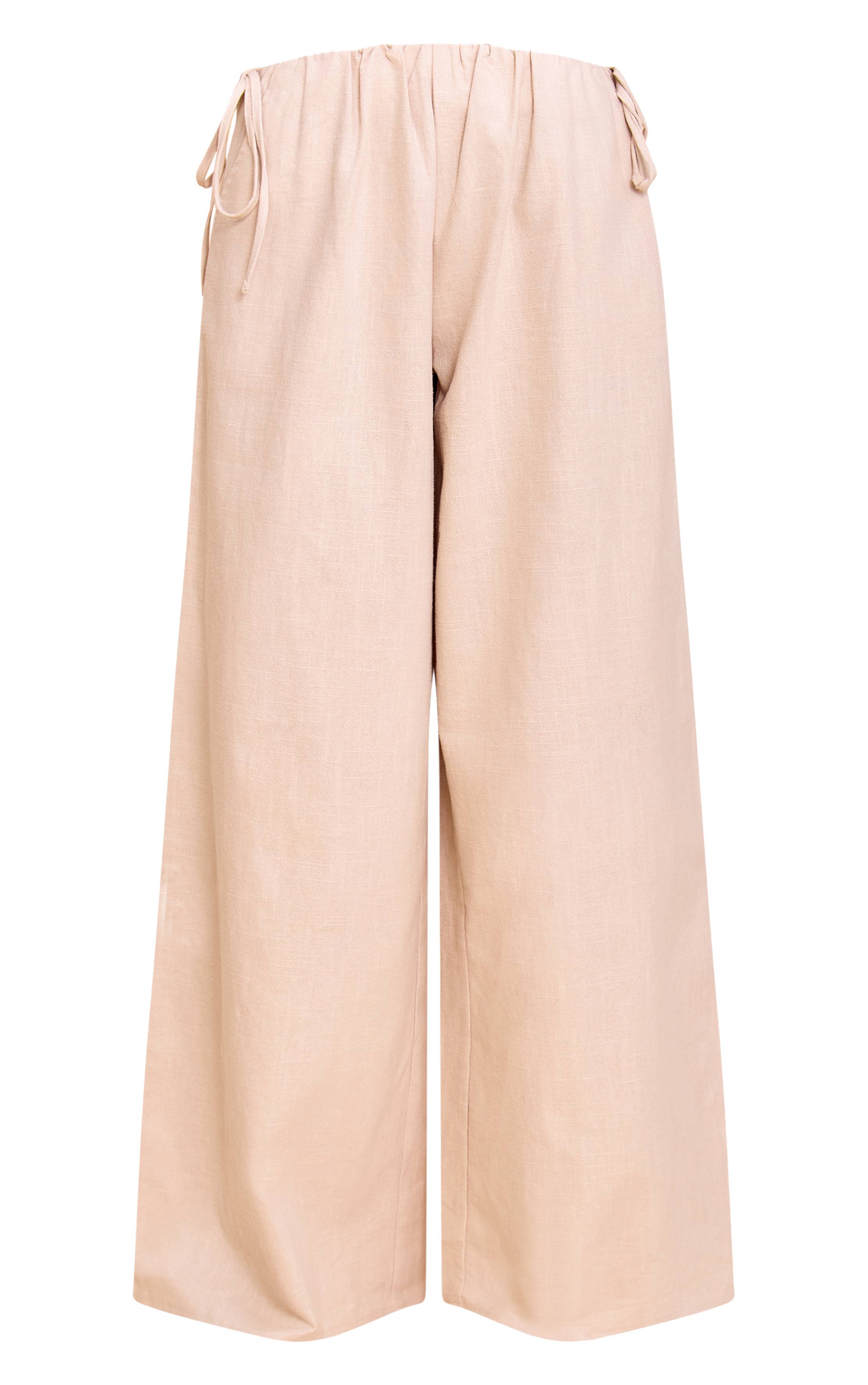 Naturel Pantalon Large En Lin Premium Avec Détail Nœuds Latéraux