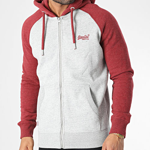 Sweat Capuche Zippé Vintage Logo Embroidery Baseball Gris Chiné Bordeaux