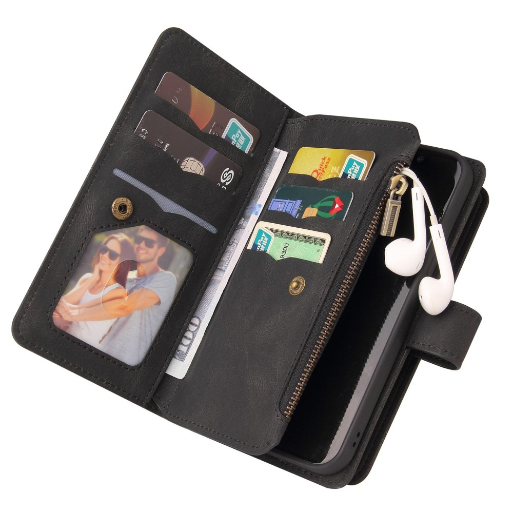 iPhone 14 Pro Leder Wallet Etui Tasche mit 13 Kartenfächern   Münzfach - Schwarz
