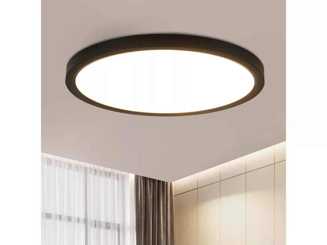 NETTLIFE Plafonnier LED Ø 30 cm - 24 W, Noir, 3000 K - Éclairage moderne cuisine, salle de bain, couloir, chambre