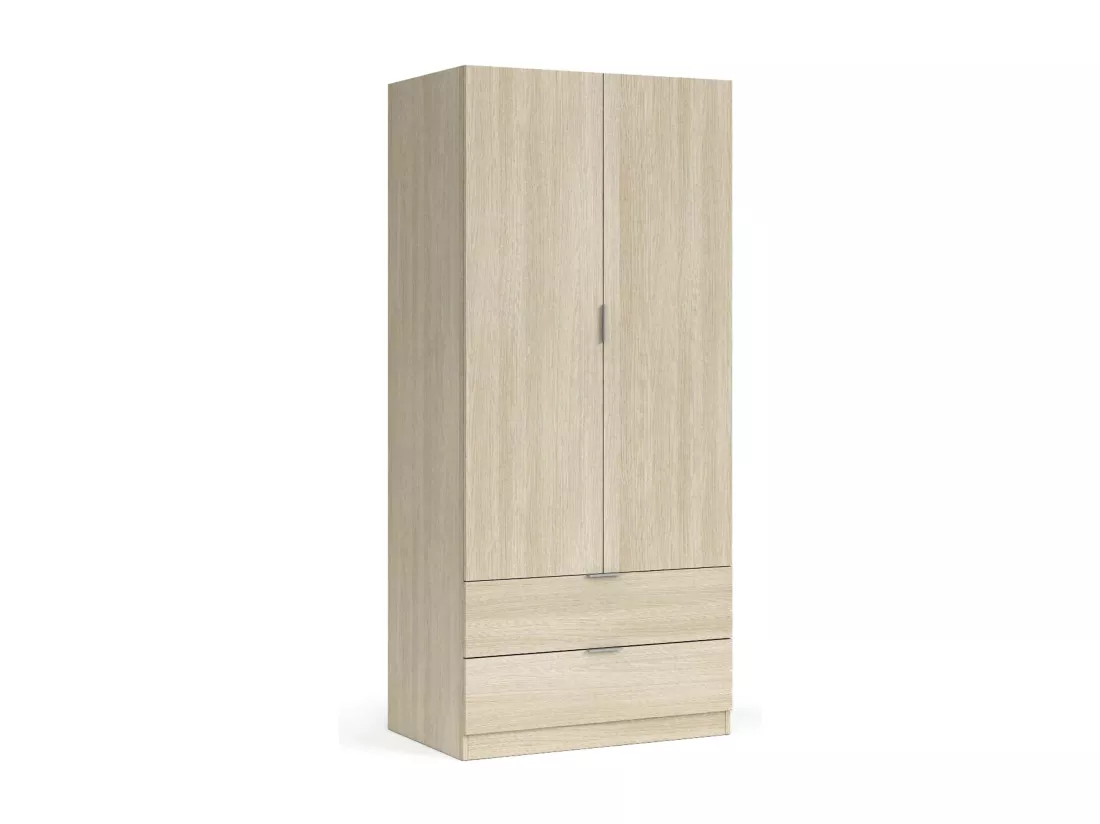 Armoire Darest, armoire de chambre 2 portes 2 tiroirs, armoire de chambre avec barre de suspension, 81x52h180 cm, chêne